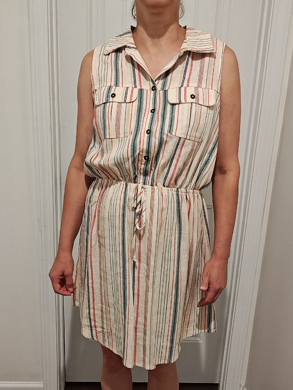 Bepop Stripped Button Up Sleeveless Shirt Dress in Cream and Multi-Color Large